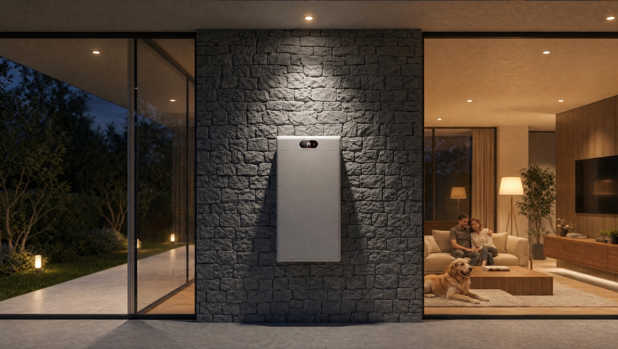 Sistema de baterías Huawei instalado en la fachada de una casa, de noche